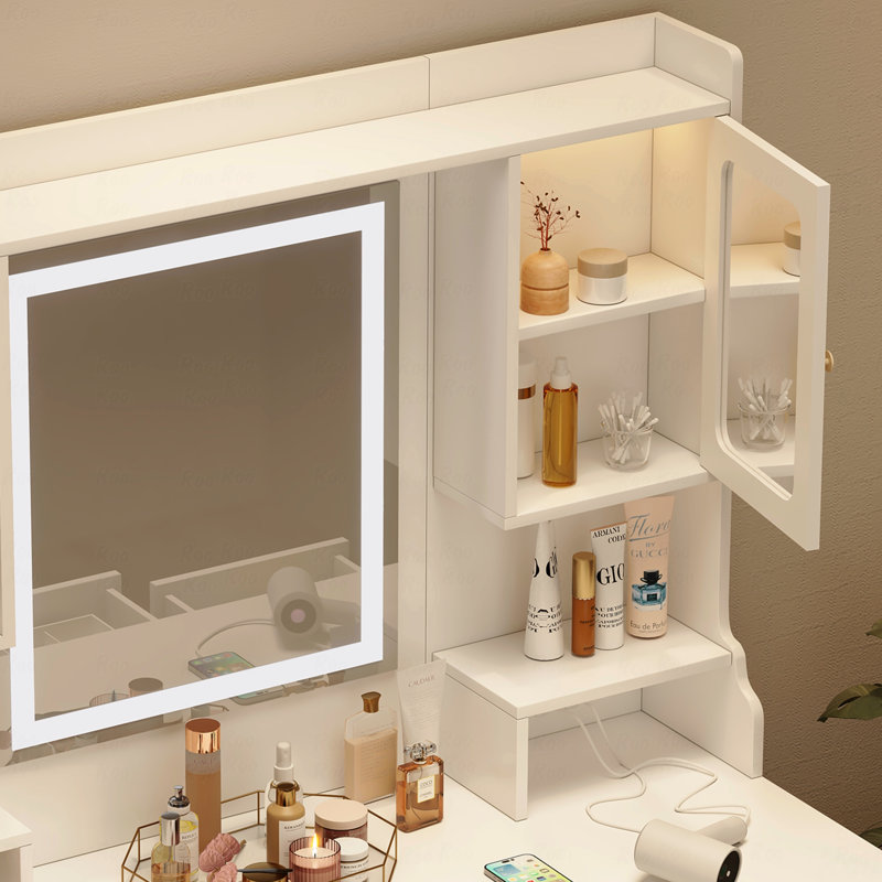 Grande coiffeuse avec miroir, avec 6 tiroirs et tablettes de rangement, bureau de commode