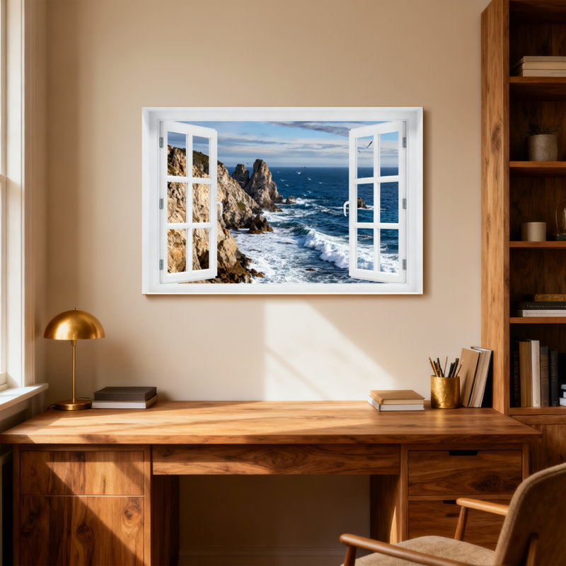 Landscape & Nature Ocean View Through Open Window, 16" H x 24" W