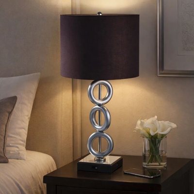 Table Lamp Set Of 2, Brown Fabric Shades, 3 Ring Design, Silver Metal