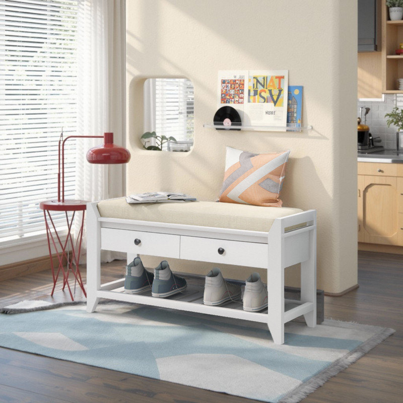Banc de salle à manger rembourré avec tiroirs de rangement et tablette, Blanc