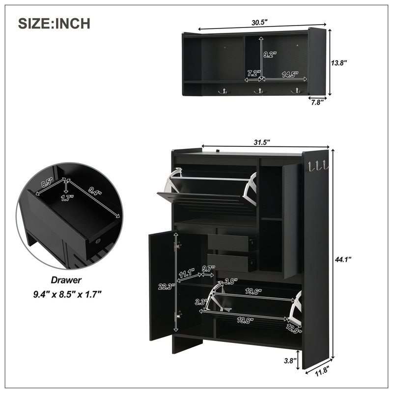 Multi-Functional Tipping Bucket Shoe Cabinet With Wall Cabinet, Space-Saving Design Foyer Cabinet With 2 Flip Drawers, Versatile Side Cabinet For Hallway