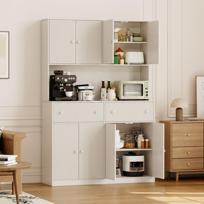 71" Modern Fluted Kitchen Pantry Cabinet with Countertop and Charging Station – Tall Storage Cabinet with 2 Drawers and Adjustable Shelves for Dining