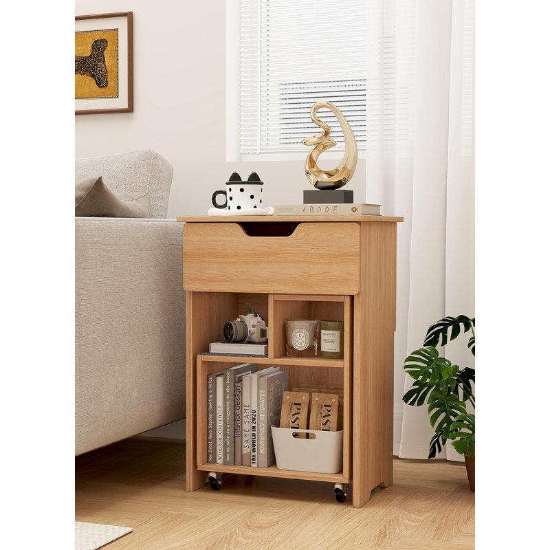 Nightstand With Drawers Wooden Bedside Table With Rolling Open Storage Shelf Lockable Wheels Vintage Nightstands Side Accent Small End Table