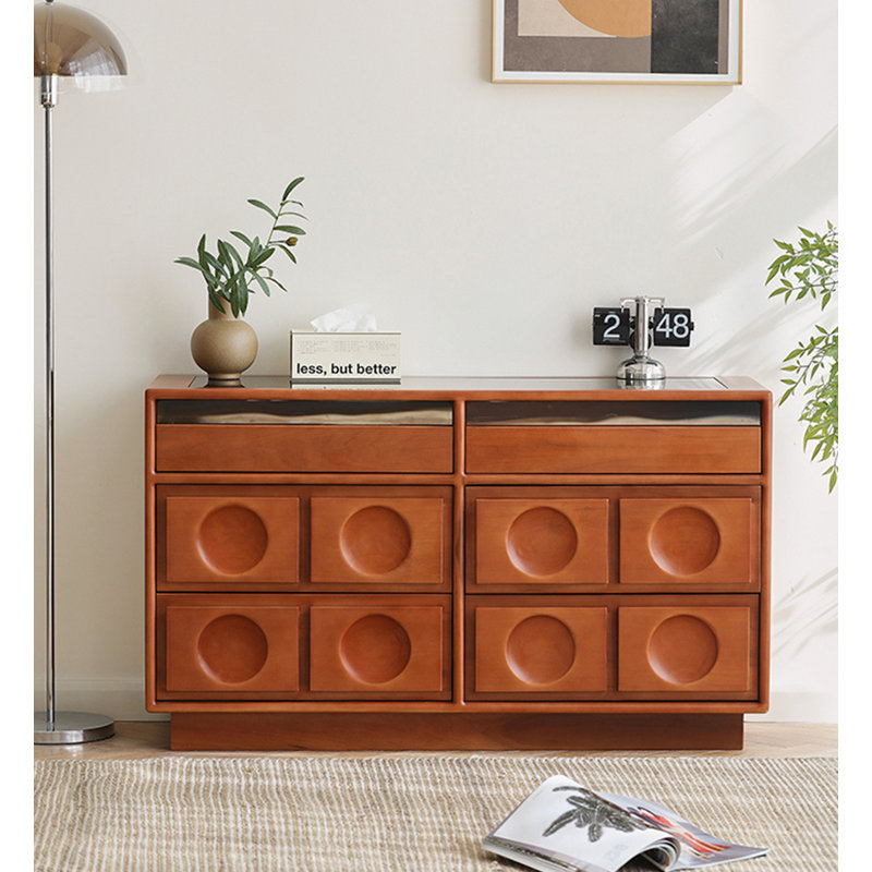 Commode en bois avec plateau en verre et tiroirs géométriques