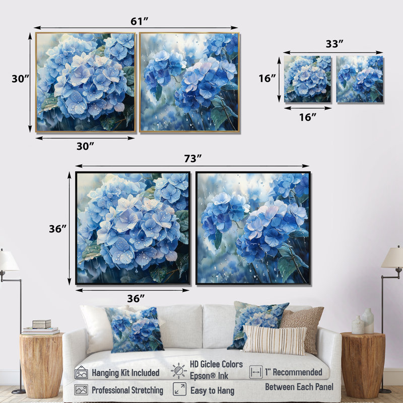 Hortensias dans la pluie printanière I - Art mural hortensia - Art mural traditionnel sur toile 2 pièces, Ne s’applique pas