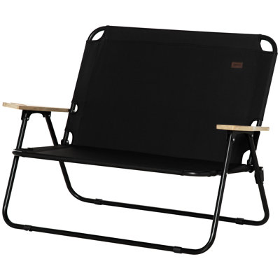 Portable Camping Chair For 2 - Double Folding With Cupholders & Wood Armrest, Black Suited Backpacking, Beach, Sports Outings Two Wonderful Trips
