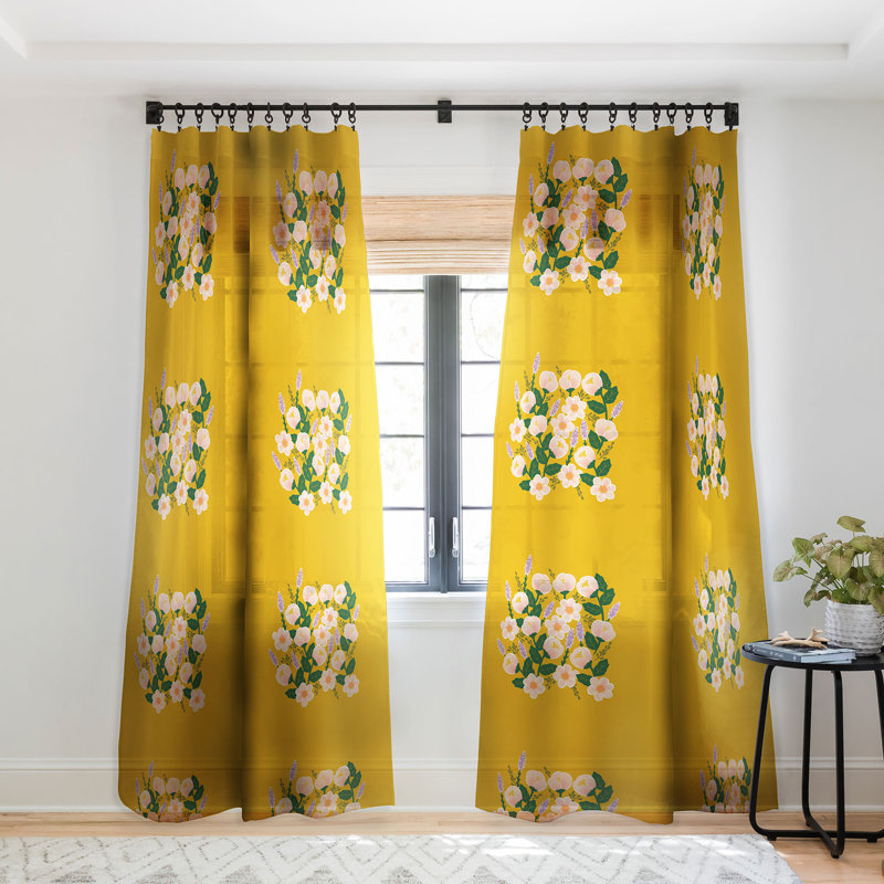 Hello Sayang Lovely Roses Grey 1pc Sheer Window Curtain Panel, 50" x 84", Yellow