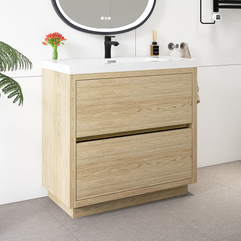 Meuble-lavabo sur pied 36 po avec lavabo, Bois de chêne naturel
