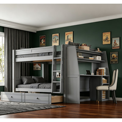 Lit superposé double pleine grandeur avec bureau, bibliothèques et tiroirs gris, peu encombrant et élégant