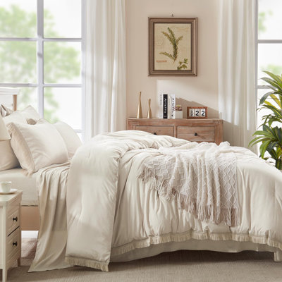 Andency Queen Comforter Set Beige -7 Pieces Bed in a Bag Queen Boho Soft Lightweight Bedding Sets, All Season Fluffy Fringe Bed Set with Comforter, Sheets, Pillowcases & Shams