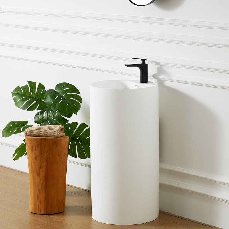 Pensen 35'' Tall Solid Surface Round Pedestal Sink Bathroom Sink with Single Faucet Hole