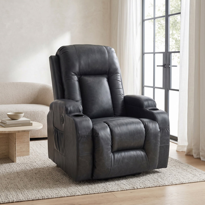 Fauteuil releveur électrique à positions infinies en similicuir gris foncé, supporte jusqu'à 159 kg, structure métallique robuste, massage par vibrations à 8 points, chauffage lombaire, port USB, porte-gobelets