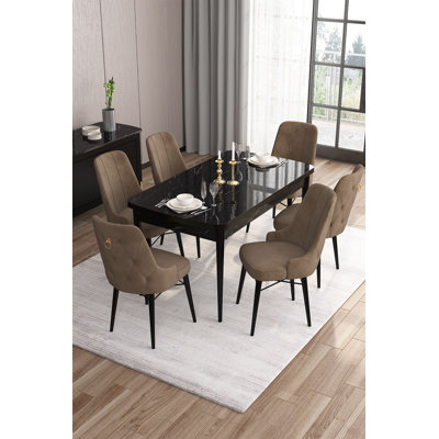Ensemble de table et chaises de salle à manger extensible 7 pièces, marbre noir et brun | 100% panneau de fibres à densité moyenne avec pieds en bois, table: 52,0 x 31,0 x 30,7 pouces (ouvert: 66,9 pouces) | 6 chaises: 18,5 po x 37,0 po x 17,7 po | Design moderne, assise en mousse confortable