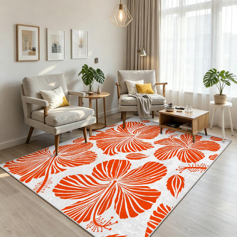 Orange Tropical Hibiscus Flowers Colors Watercolor White Abstract Art Machine Washable Indoor Area Rug, Rectangle 79" x 118"