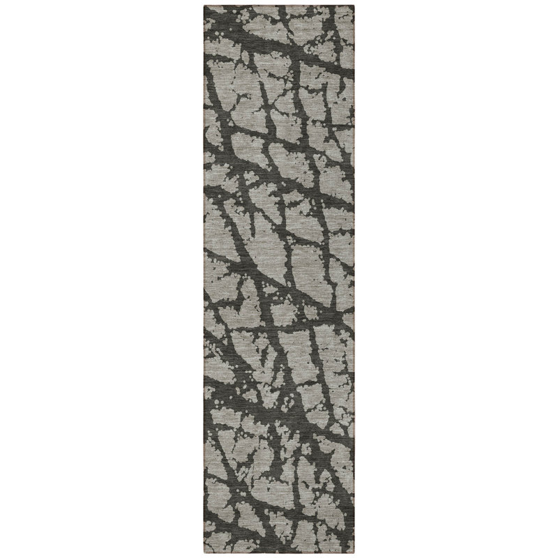 8' Runner Gray and Black Abstract Washable Non Skid Indoor Outdoor Runner Rug