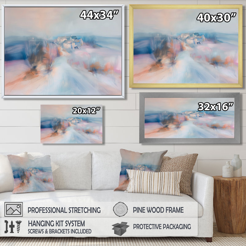 Gris, rose, minimalisme, village, mirage I - ferme, art mural, Toile tendue, H 12 po x l 20 po x P 1 po