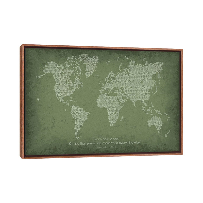 Carte du monde binaire - reproduction d'art textuel, H 26 po x l 40 po x 1,5 po, Toile avec cadre en bois classique