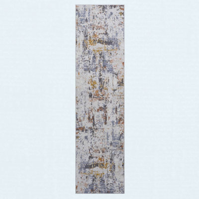 Runner Rug Synthetic Fiber Stain Resistant Non-Shedding Abstract Ivory Blue Medium 2' x 8'