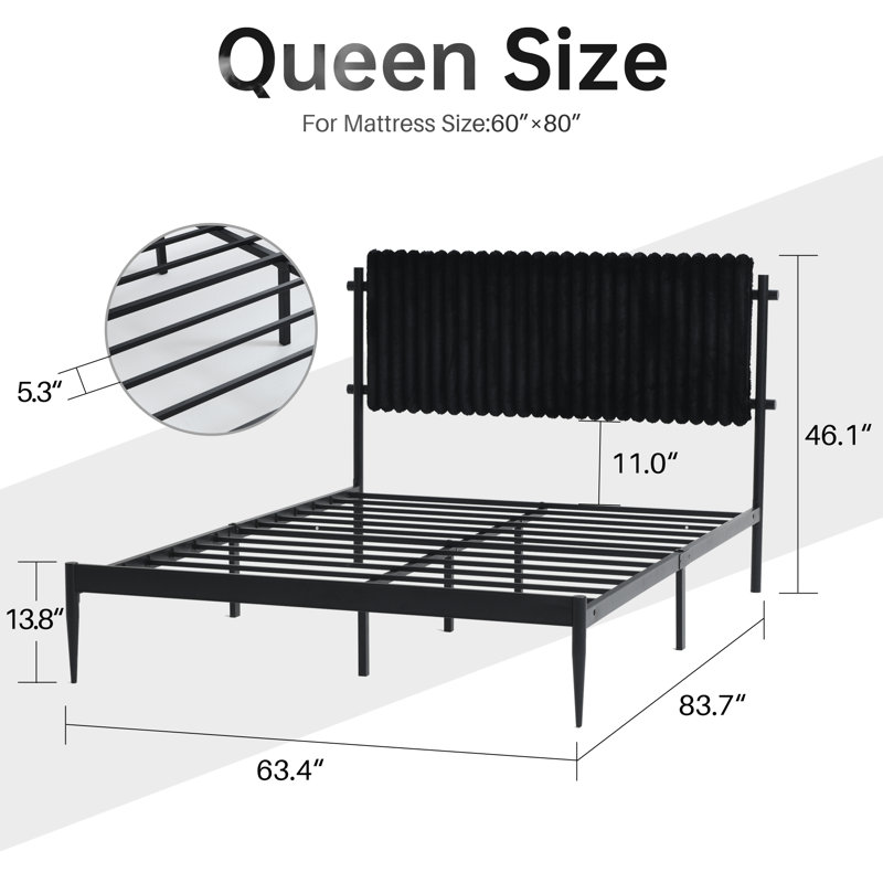 Heavy Duty Metal Platform Bed Frame with Headboard, No Box Spring Needed, Sturdy Steel Slat Support, Queen, Black