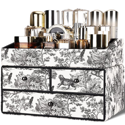 Leather Makeup Organizer with Drawers, Make Up Storage Organizers Counter Cosmetic Display Case Gifts, 2-Tier, (Black Jungle)