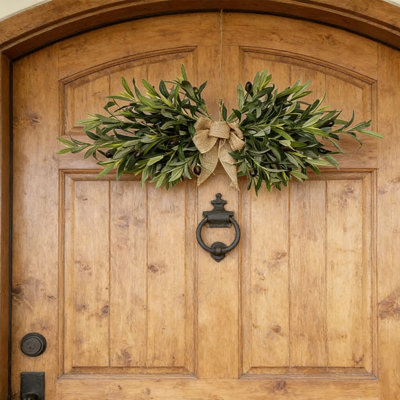 1Pcs Rustic Artificial Olive Leaf Swag with Burlap Bow – Farmhouse Wall Decor for Mantel, Door, and Entryway