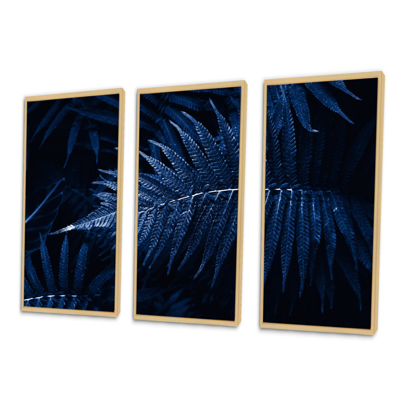Feuilles tropicales en bleu classique - ensemble d'art mural sur toile tropical encadré de 3