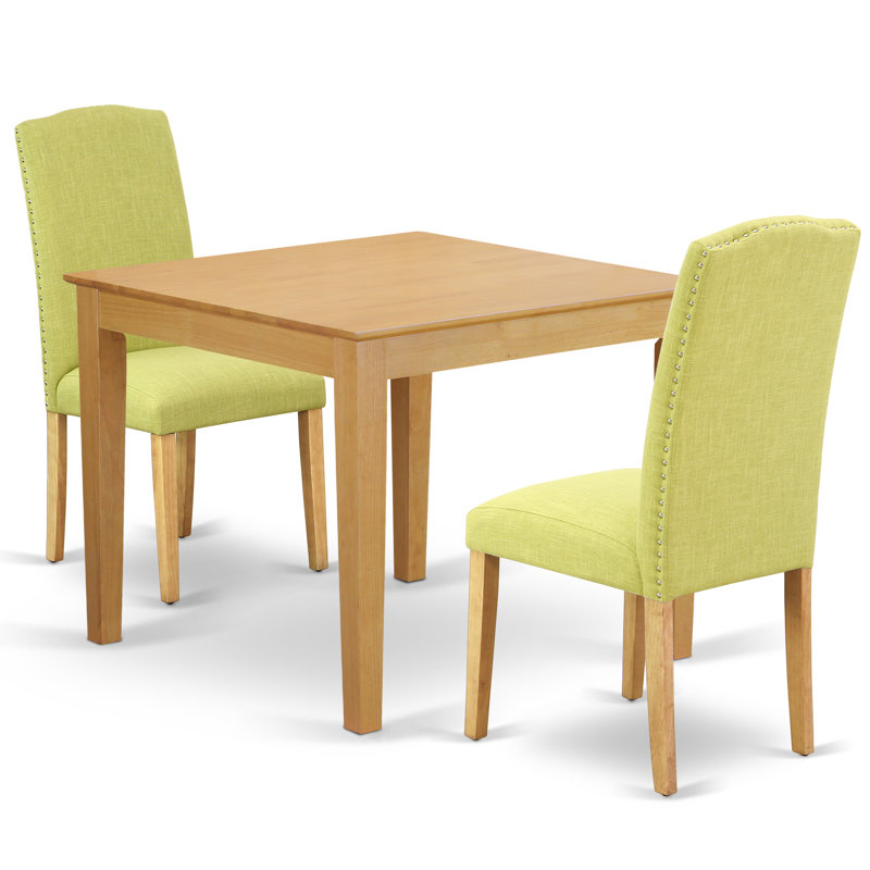 Ensemble de table de salle à manger 3 pièces pour petits espaces comprenant une table de salle à manger carrée et 2 chaises Parsons en lin Limelight, chêne