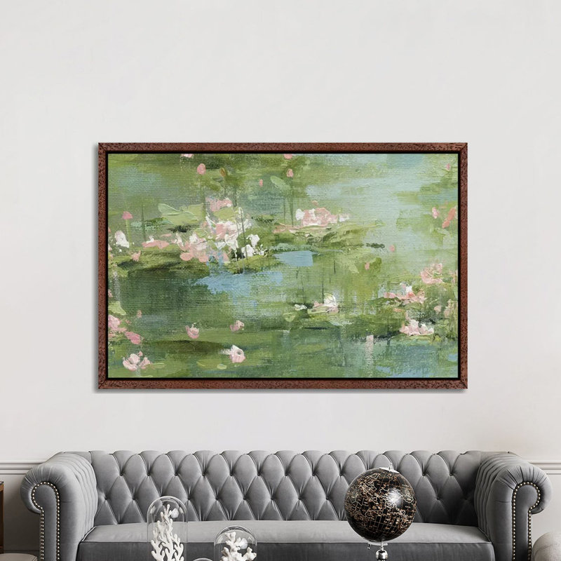 Celadon Waterlillies I by Carol Robinson - Painting on Canvas, 152.5 cm H x 101.5 cm W, Classic Brown Wood Framed