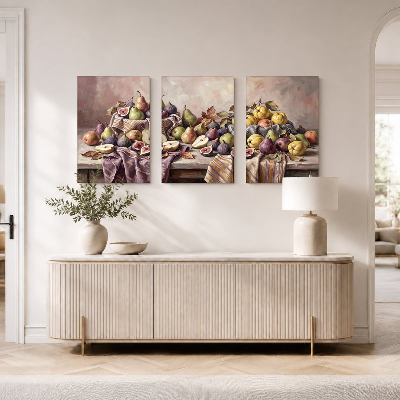 Ensemble de 3 toiles vertes poires vertes et mauves sur toile tendue, H 36 po x l 24 po x 3 pièces