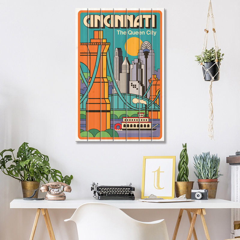 Affiche de voyage Cincinnati par Jim Zahniser-reproduction d’art, Pas de tapis, Toile avec cadre en bois brun classique