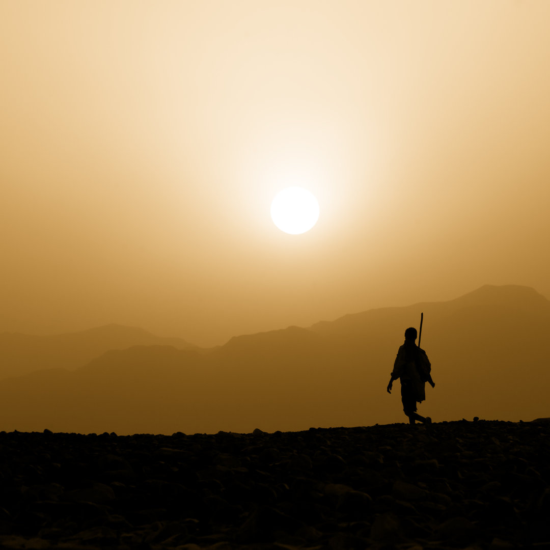 Afar Herder Walking Against The Sunset von Guenterguni - Leinwandbild