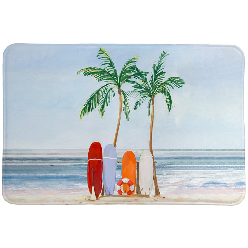 Surfs Up Coastal Memory Foam Rug with Palm Trees