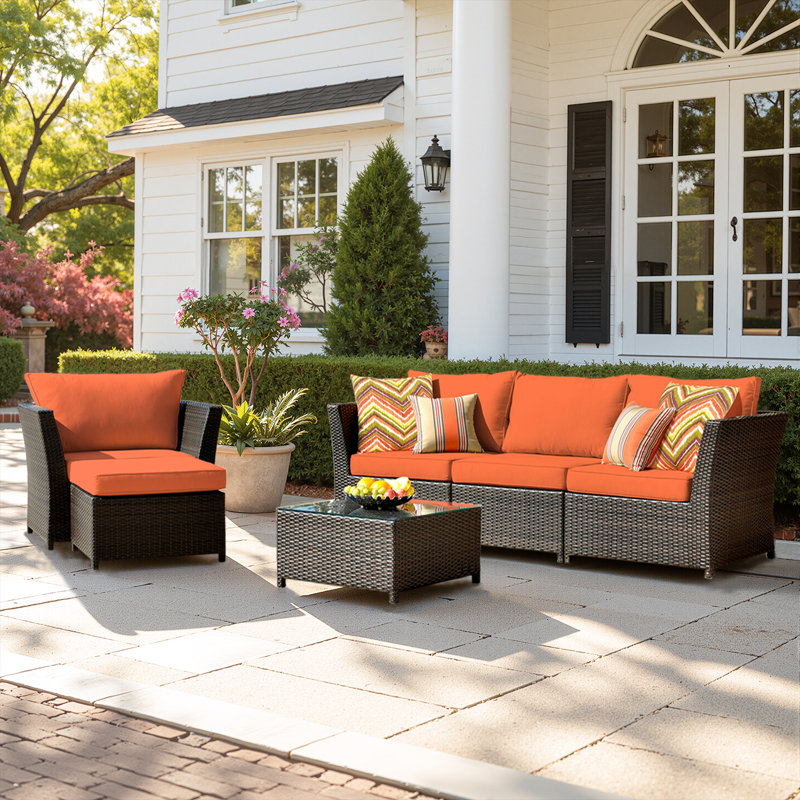 Wicker 4 - Person Patio Conversation Set with Cushions, Orange