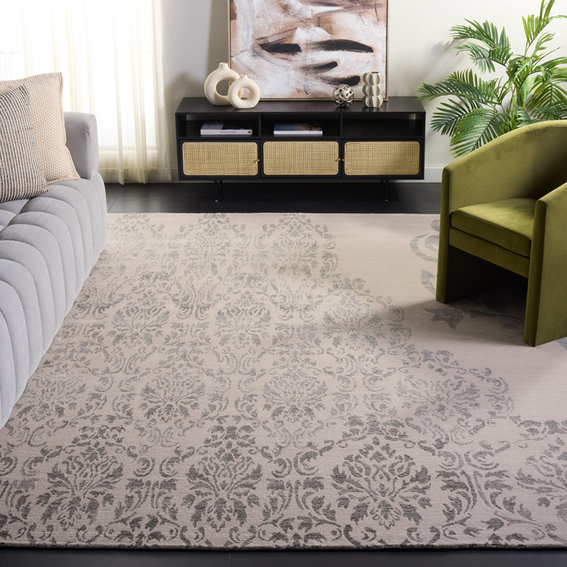 Tapis floral beige / gris en laine / coton noué à la main Kurstin, Rectangle 8 pi x 10 pi