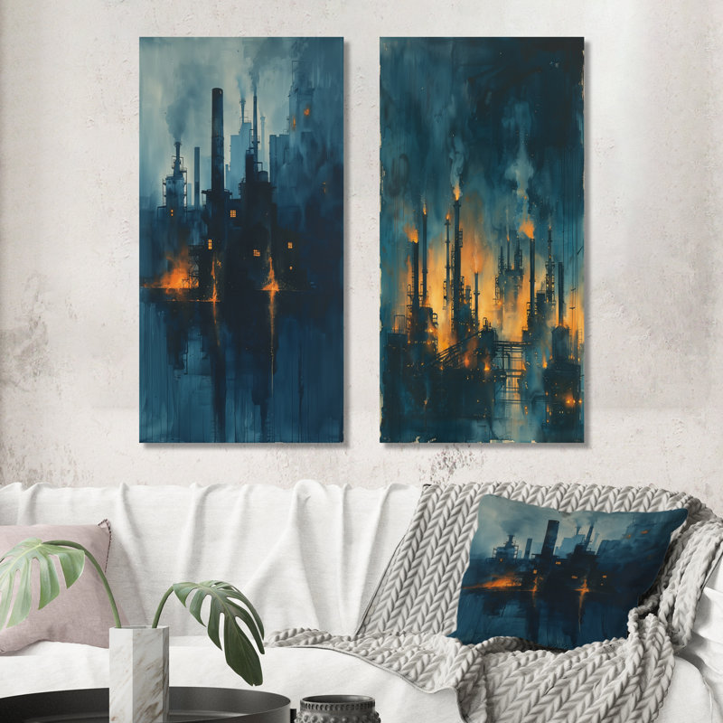Ensemble de 2 pièces d'art mural jaune et bleu Metropolis, H 32 po x l 32 po, Toile tendue sur cadre, Ne s’applique pas