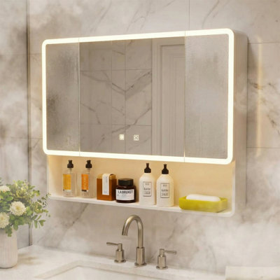 LED Anti-Fog Bathroom Mirror Cabinet, Three-Door Wall-Mounted Medicine Cabinet, Integrated Warm-Tone LED Strip, Adjustable Shelves & Door Hooks