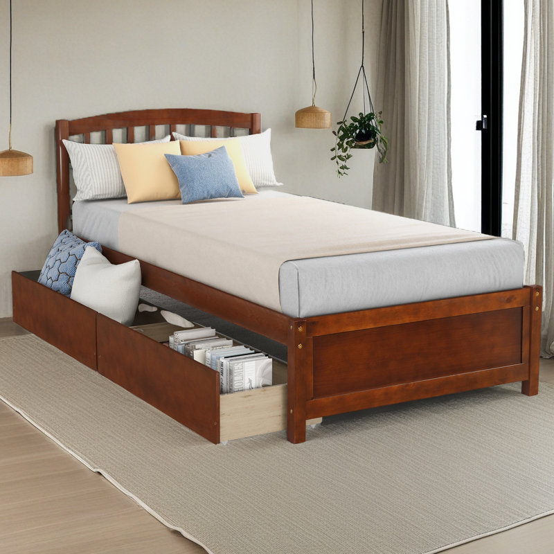 Twin Platform Storage Bed Wood Bed Frame With Two Drawers, Espresso