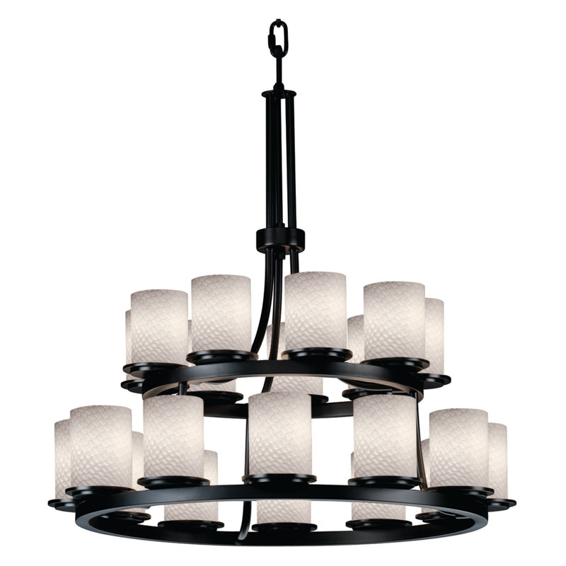 Lustre unique à 21 lumières DEL en forme de roue de chariot, Bronze foncé, Tissage