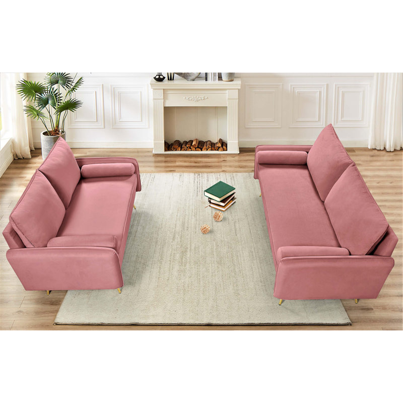 Canapé moderne en velours avec garniture cloutée et pieds en métal doré, Velours rose