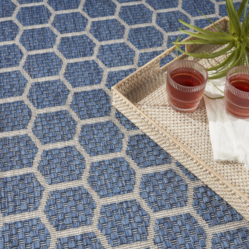 Canete Geometric Reversible Indoor/Outdoor Area Rug in Blue, Rectangle 5' x 7'