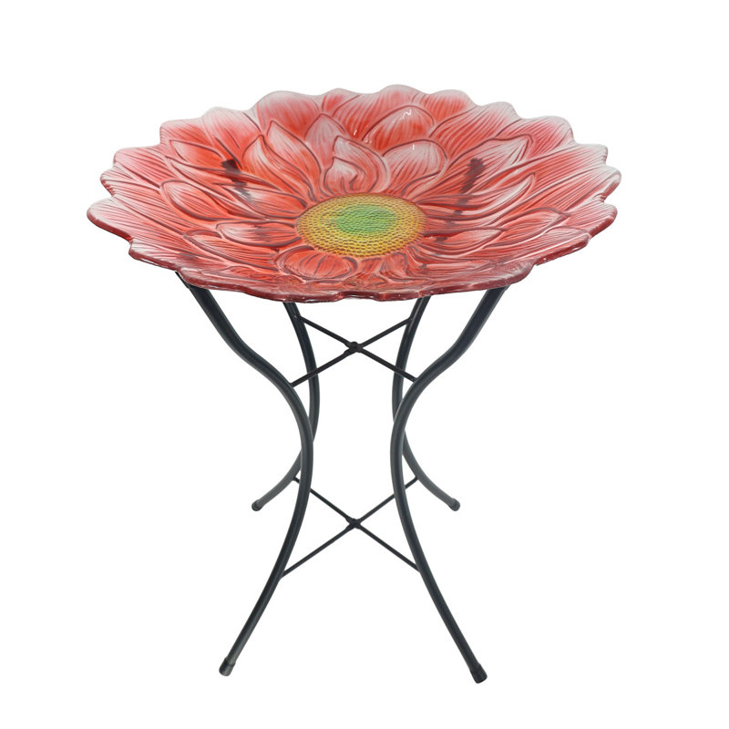 Red Daisy Glass Birdbath