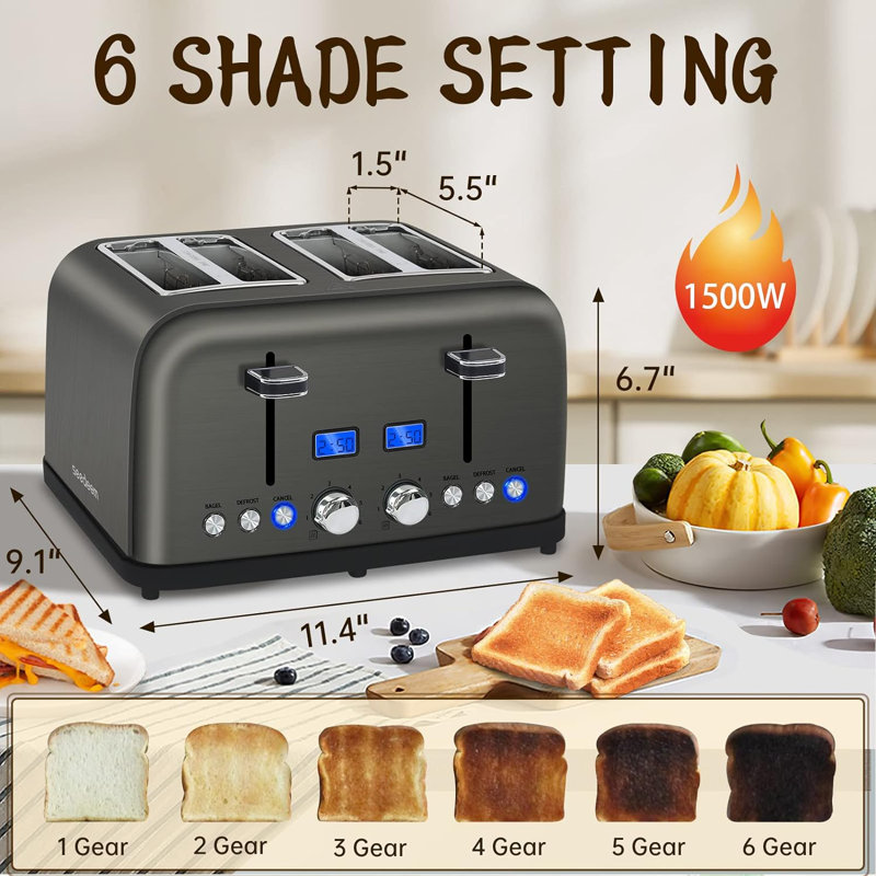 Toaster 4 Slice, LCD Display, 6 Shade Settings, 1.5'' Wide Slots Toaster,1500W, Gray