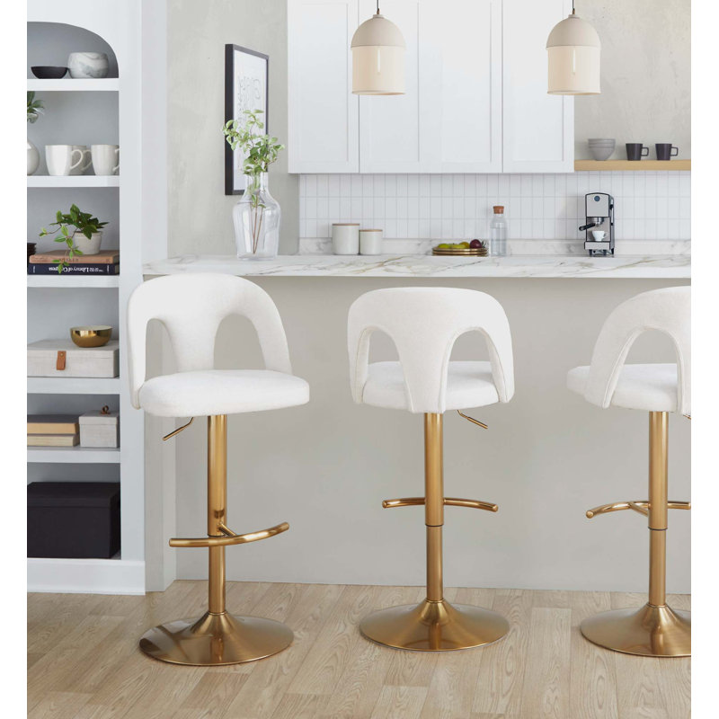 Contemporary Adjustable Swivel Bar Stool Set with T Footrest, White, Gold