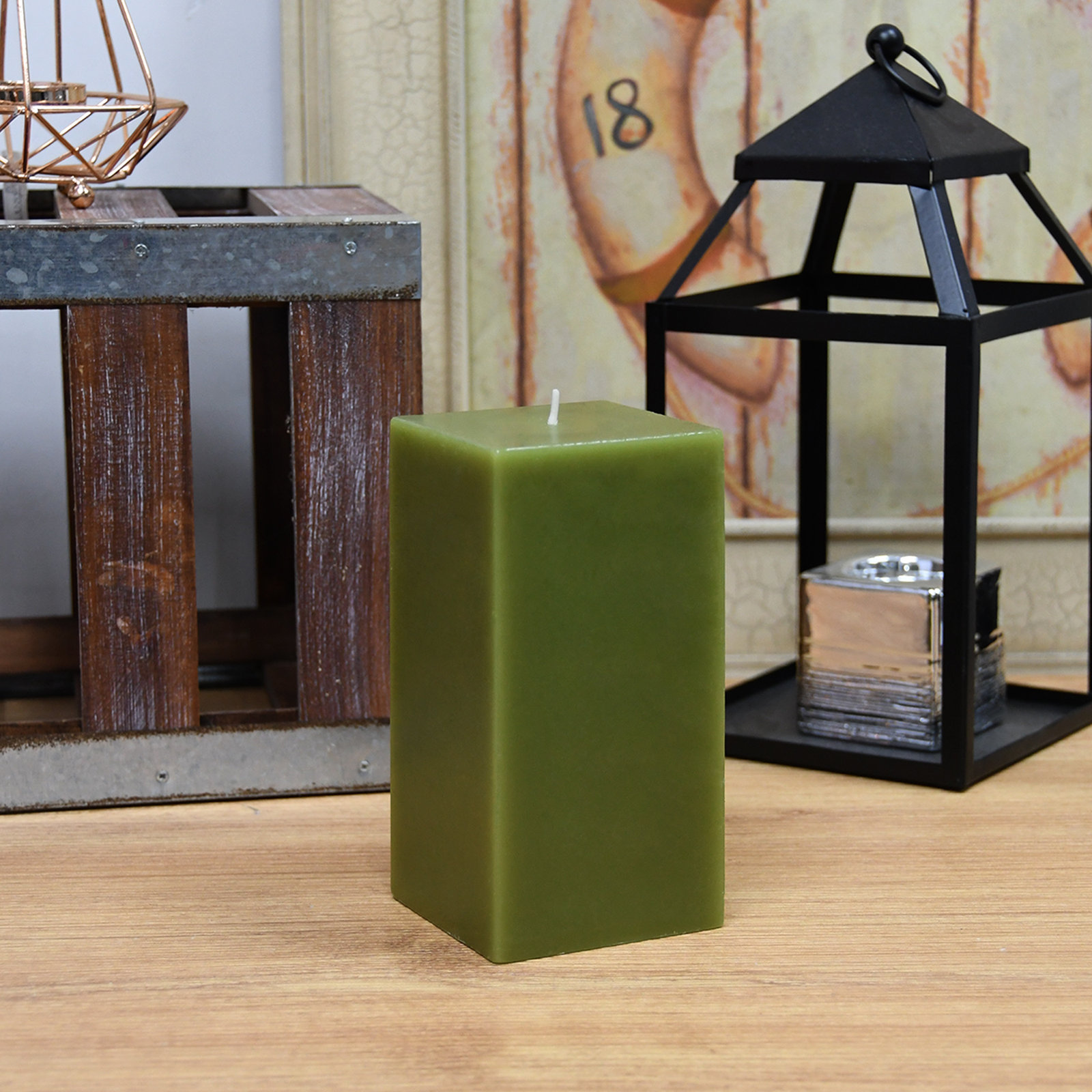 Square Pillar Candle, Sage Green, 6" H x 3" W x 3" D, 1 Candle