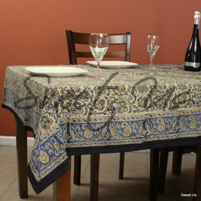 Kalamkari Cotton Paisley Floral Block Print Tablecloth Rectangle 72 X 106 In Blue Green