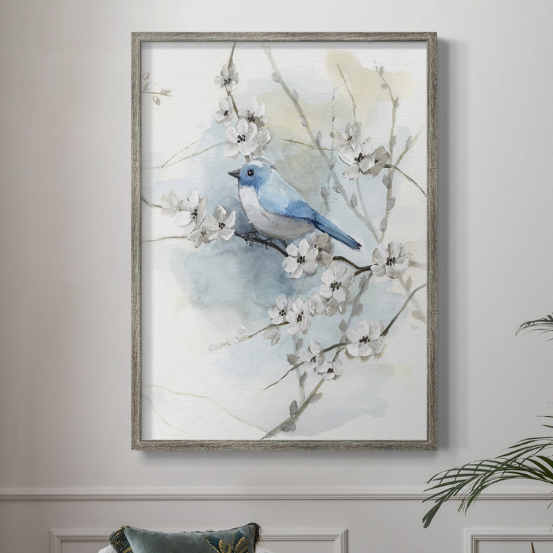 Blossoms and Bluebird II Framed Print - Solid Wood, 11" H x 9" W