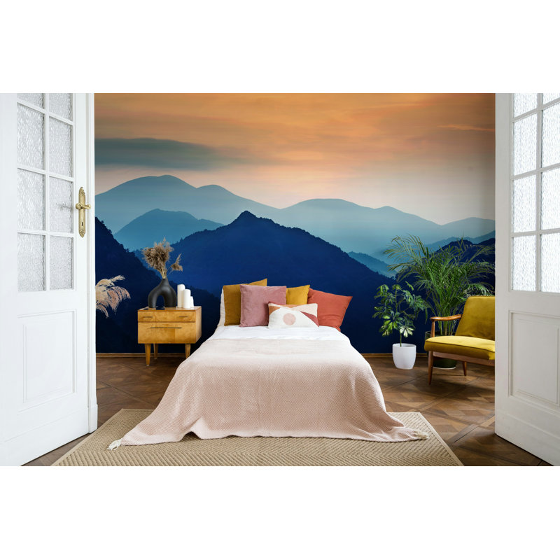 Sunset Mountain Wall Mural Blue Mist Wallpaper, 37" L x 56" W