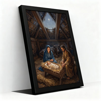 Nativity Scene With Mary Joseph And Ox In Stable Christmas Canvas Wall Art