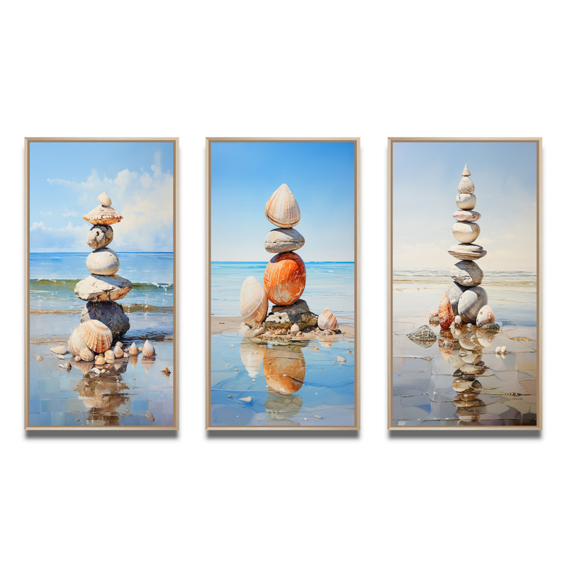 «Minimalist Beach Shells Tower», 3 pièces sur toile, H 28 po x l 36 po, Cadre naturel flottant