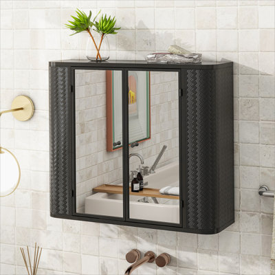 Armoire de salle de bain murale noire avec miroir, 2 portes en miroir et tablette ouverte, armoire de rangement en métal de style campagnard avec compartiment ouvert pour meuble-lavabo, toilette et évier